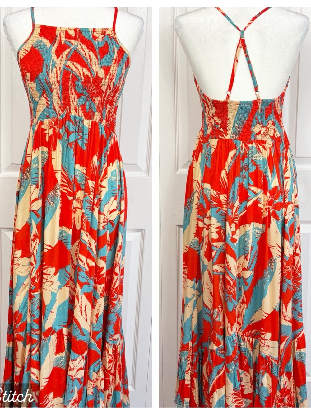 Intimately Free People Red Boho Tropical Heat Wave Smocked Maxi Dress Large